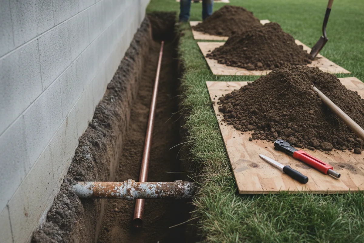Excavated water line trench during Water Softener Installation in Draper